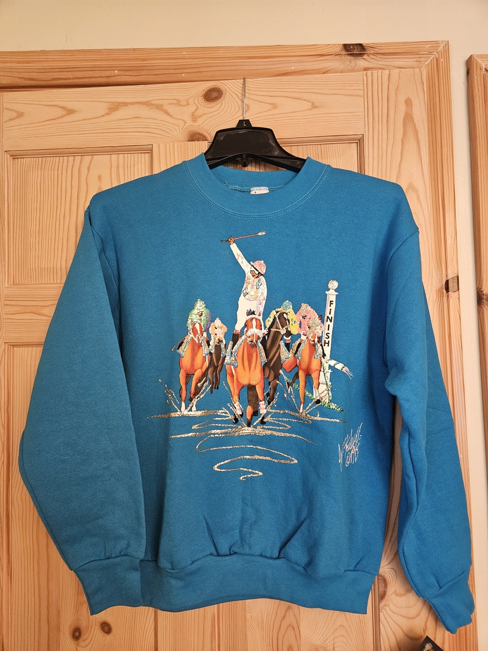 Vintage 1995 Joan Studwell Hand Painted Glitter Kentucky Derby Sweatshirt Teal